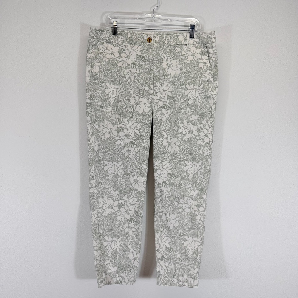 Talbots Floral Capri Pants Tapered Cropped Sage Green‎ White Cottagecore Size 14